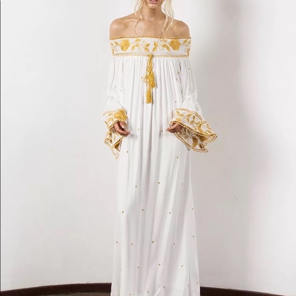 Lena Vie Boutique Dresses & Skirts - New 5⭐️Star Boho Embroidered Gold  Leaf Kimono Cotton Maxi Dress